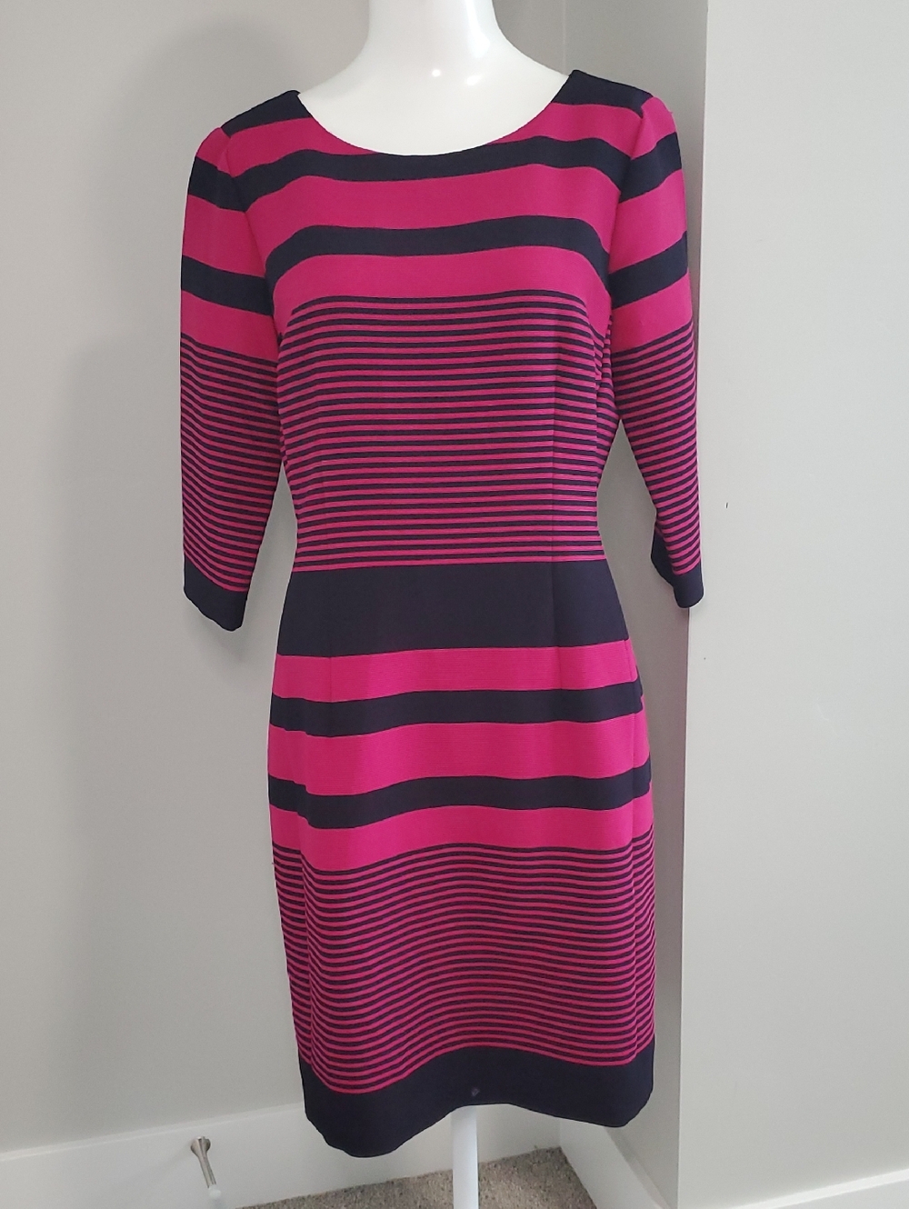 Tahari Fuchsia and Black Striped Midi Sheath Dress